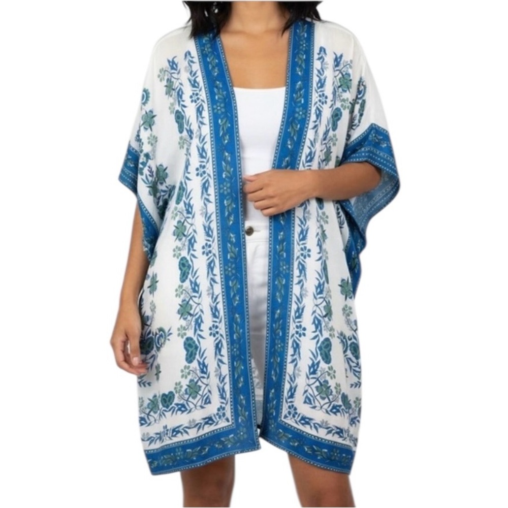 NWT Max Studio Womens Floral Open Front White Blue Green Kimono Cardigan Size S